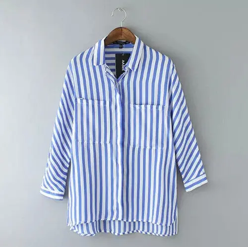 Vintage Contrast Blue & White Vertical Striped Print Pockets Shirt Women's Lapel Turn-Down Casual Shirt Blouse Tops 1