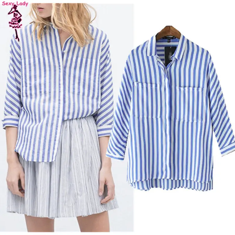 Vintage Contrast Blue & White Vertical Striped Print Pockets Shirt Women's Lapel Turn-Down Casual Shirt Blouse Tops 2