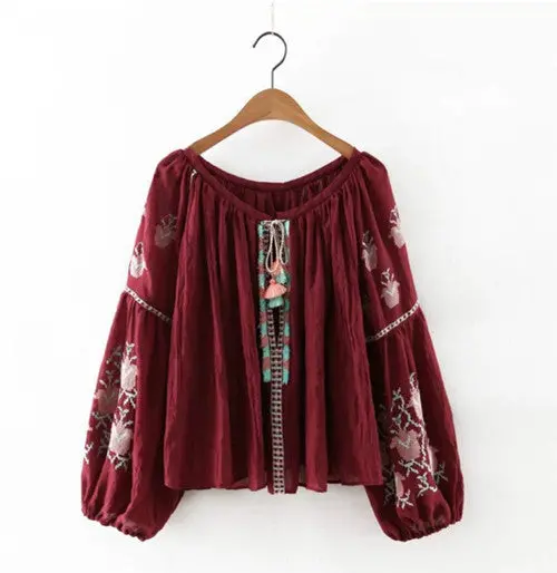 Vintage Contrast Color Flower Embroidery Shirt Ethnic Women O Neck Stream Drawstring Femme Loose Blouse Tops 2 Volotd S M L 1