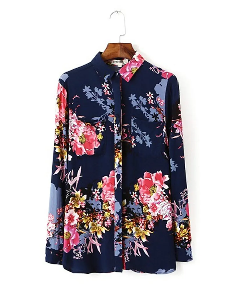 Vintage Contrast Flower Print Shirt Women's Lapel Roll-Up Long Sleeve Slim Fit Shirt Blouse Tops 1