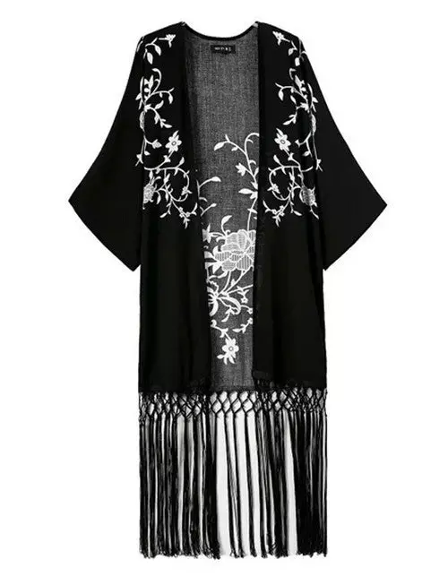 Vintage Contrast Flower Print Tassel Black Cotton Long Cardigan Kimono Blouse Women's Loose Shirt Blouses Tops 1