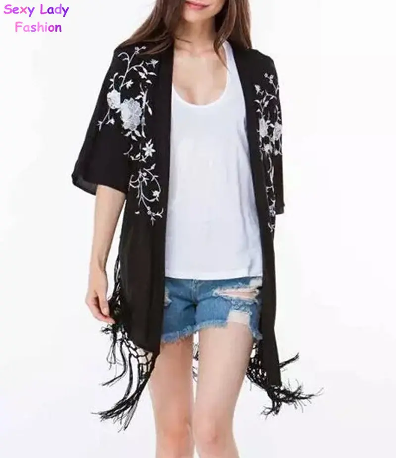 Vintage Contrast Flower Print Tassel Black Cotton Long Cardigan Kimono Blouse Women's Loose Shirt Blouses Tops 2