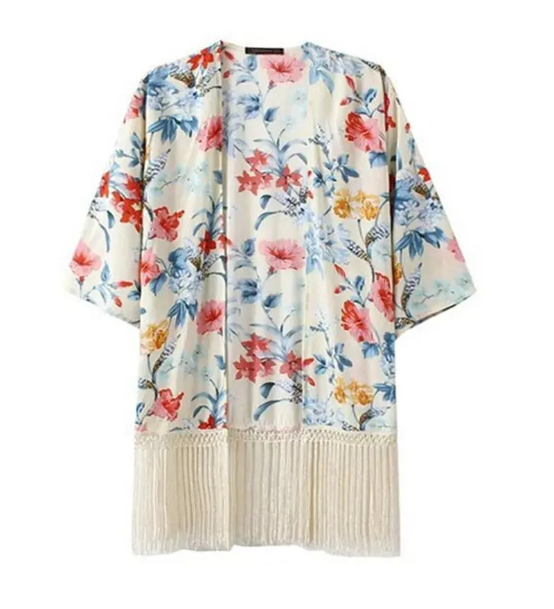 Vintage Contrast Flower Print Tassel Hem Cotton Cardigan Kimono Blouse Women's 3/4 Sleeve Loose Shirt Blouses Tops 1