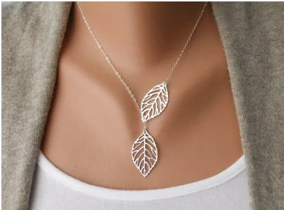 Vintage Double Leaf Pendant Necklace Clavicle Chain Gift 10Pcs-N108 1