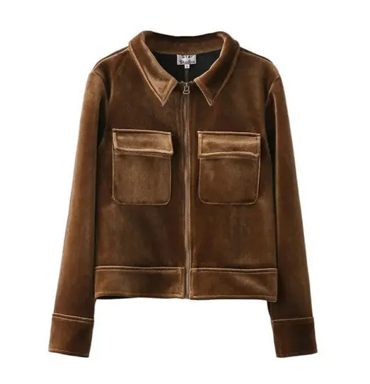 Vintage Double Pockets Velet Jacket Woman Lapel Velour Pilot Jacket Short Coat Outerwear Tops Femme 1