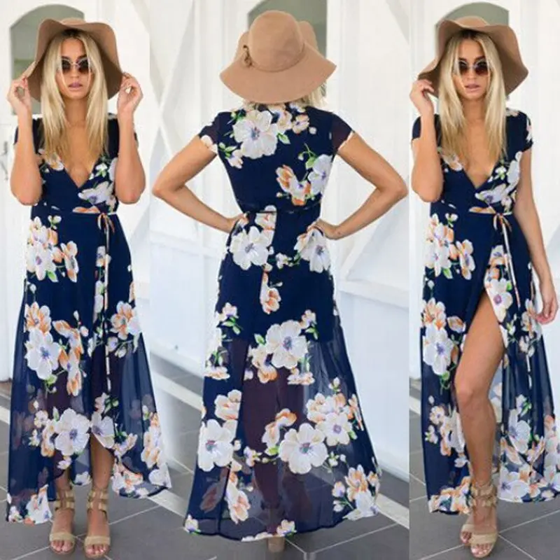 Vintage Dress Dresses Women Casual Loose Boho Dresses Vestidos Plus Size Women Sexy Printed Chiffon Split Robe 2