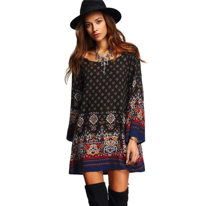 Vintage Dress Robe Women's Long Sleeve Party Beach Dress Casual Vestidos Plus Size Feida 1
