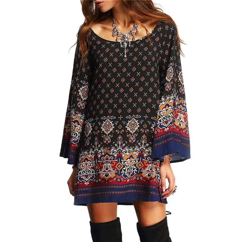 Vintage Dress Robe Women's Long Sleeve Party Beach Dress Casual Vestidos Plus Size Feida 2