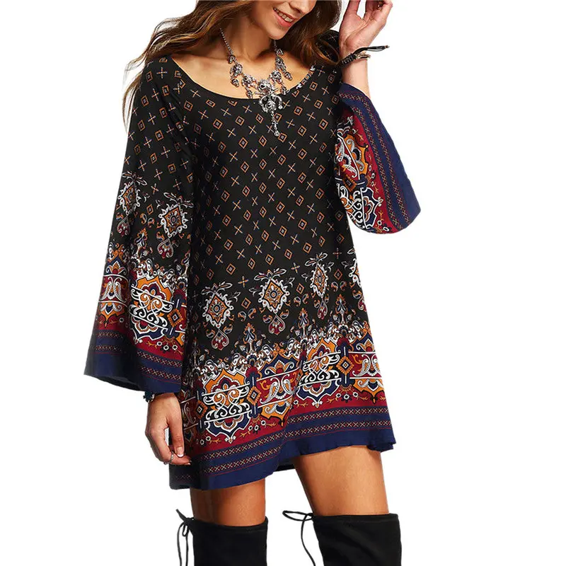 Vintage Dress Robe Women's Long Sleeve Party Beach Dress Casual Vestidos Plus Size Feida 4