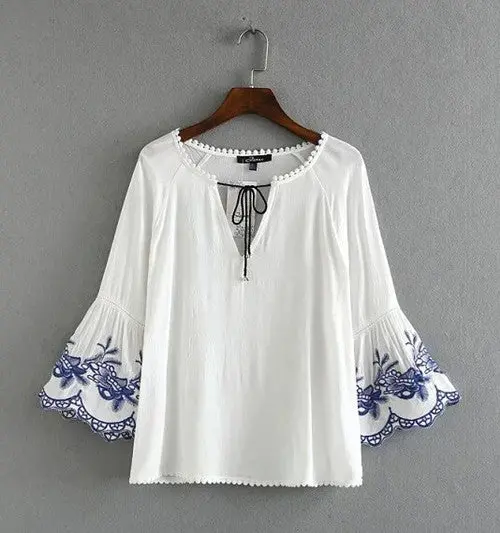 Vintage Embroidery Flower Flare Sleeve Pullover Shirt Ethnic Women Stream V Neck Drawstring Femme Loose Blouse Tops 3 Color 4