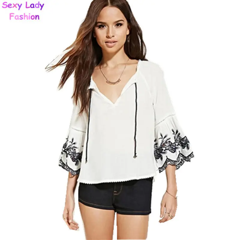 Vintage Embroidery Flower Flare Sleeve Pullover Shirt Ethnic Women Stream V Neck Drawstring Femme Loose Blouse Tops 3 Color 4