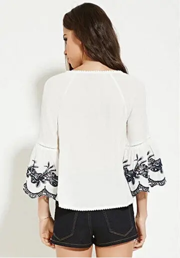 Vintage Embroidery Flower Flare Sleeve Pullover Shirt Ethnic Women Stream V Neck Drawstring Femme Loose Blouse Tops 3 Color 5