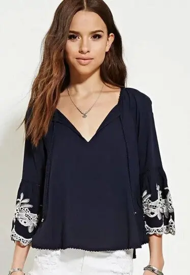 Vintage Embroidery Flower Flare Sleeve Pullover Shirt Ethnic Women Stream V Neck Drawstring Femme Loose Blouse Tops 3 Color 6