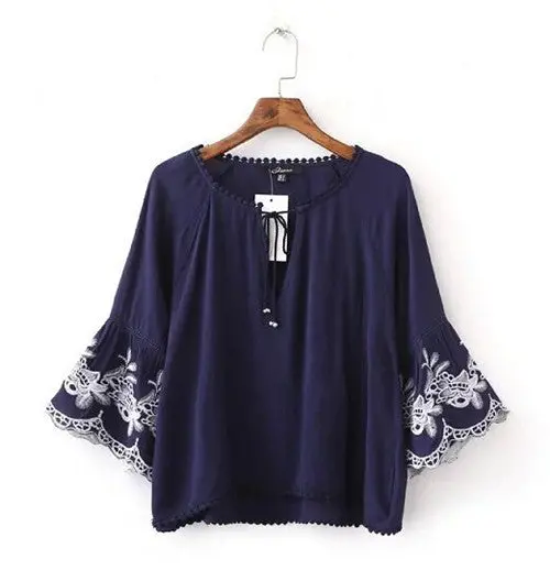 Vintage Embroidery Flower Flare Sleeve Pullover Shirt Ethnic Women Stream V Neck Drawstring Femme Loose Blouse Tops 3 Color 7
