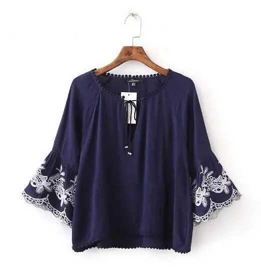 Vintage Embroidery Flower Flare Sleeve Pullover Shirt Ethnic Women Stream V Neck Drawstring Femme Loose Blouse Tops 3 Color 7