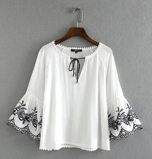 Vintage Embroidery Flower Flare Sleeve Pullover Shirt Ethnic Women Stream V Neck Drawstring Femme Loose Blouse Tops 3 Color 9