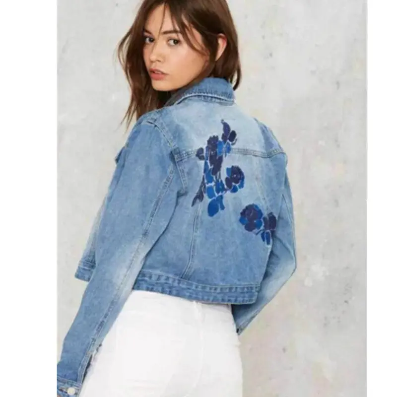 Vintage Embroidery Rose Flower Embroidery Denim Jacket Women Single Buttons Bomber Jacket Coat Femme Jean Outerwear 2