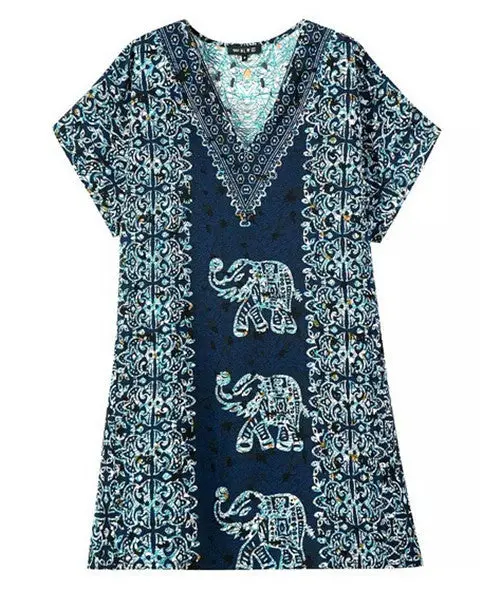 Vintage Ethnic Elephant & Floral Print V Neck Short Sleeve Short Shift Dress Women's Straight Tshirt Dress Tops 1