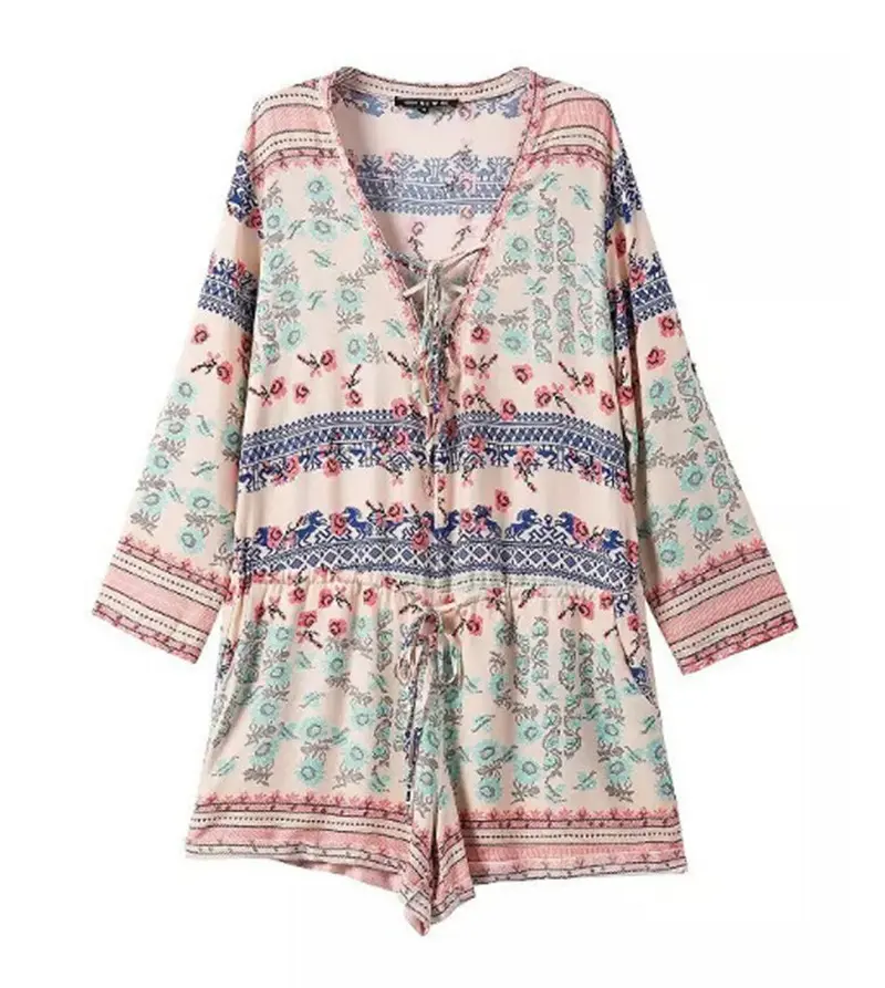 Vintage Ethnic Flower Print Deep V Neck Elastic Waist Cotton Short Jumpsuit Women's Short Pants Casual Rompers Playsuits 1