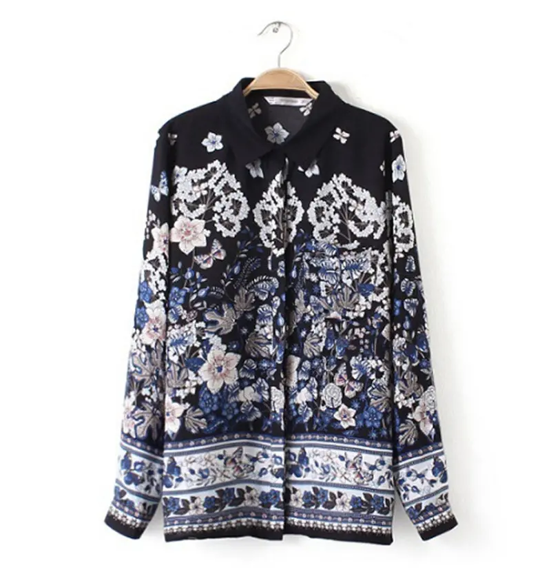 Vintage Ethnic Flower Print Lapel Long Sleeve Shirt Women's Contrast Color Bloom Floral Print Slim Tee Shirt Blouse Tops 1