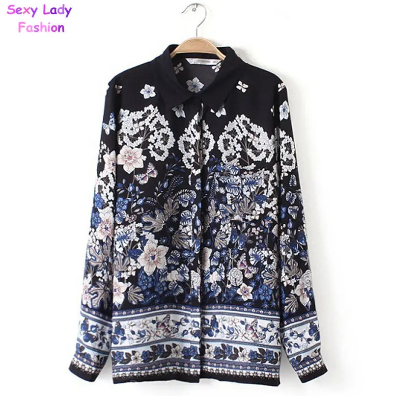 Vintage Ethnic Flower Print Lapel Long Sleeve Shirt Women's Contrast Color Bloom Floral Print Slim Tee Shirt Blouse Tops 2