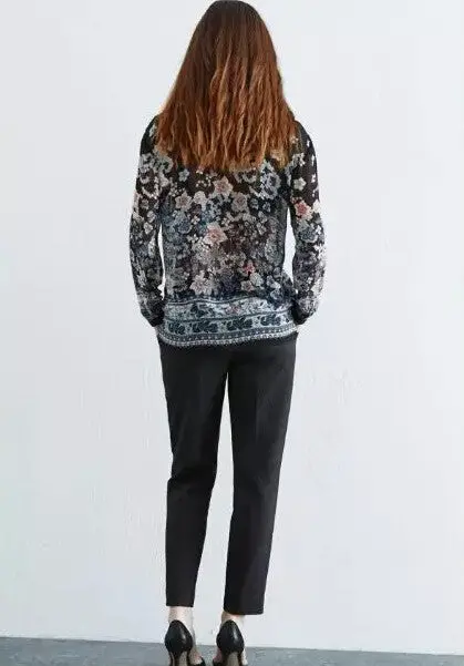 Vintage Ethnic Flower Print Lapel Long Sleeve Shirt Women's Contrast Color Bloom Floral Print Slim Tee Shirt Blouse Tops 3