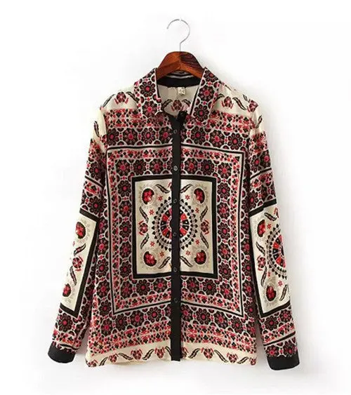 Vintage Ethnic Paisley Floral Print Lapel Long Sleeve Shirt Women's Faille Casual Chiffon Shirt Blouse Tops 1