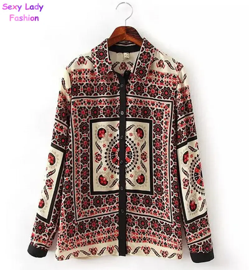 Vintage Ethnic Paisley Floral Print Lapel Long Sleeve Shirt Women's Faille Casual Chiffon Shirt Blouse Tops 3