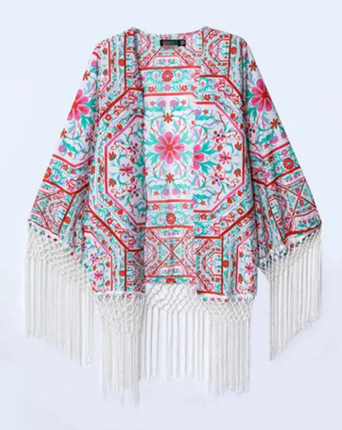 Vintage Ethnic Women Paisley Flower Print Tassels Loose Kimono Long Cardigan Shirts No Button Blouses Black Tops 1