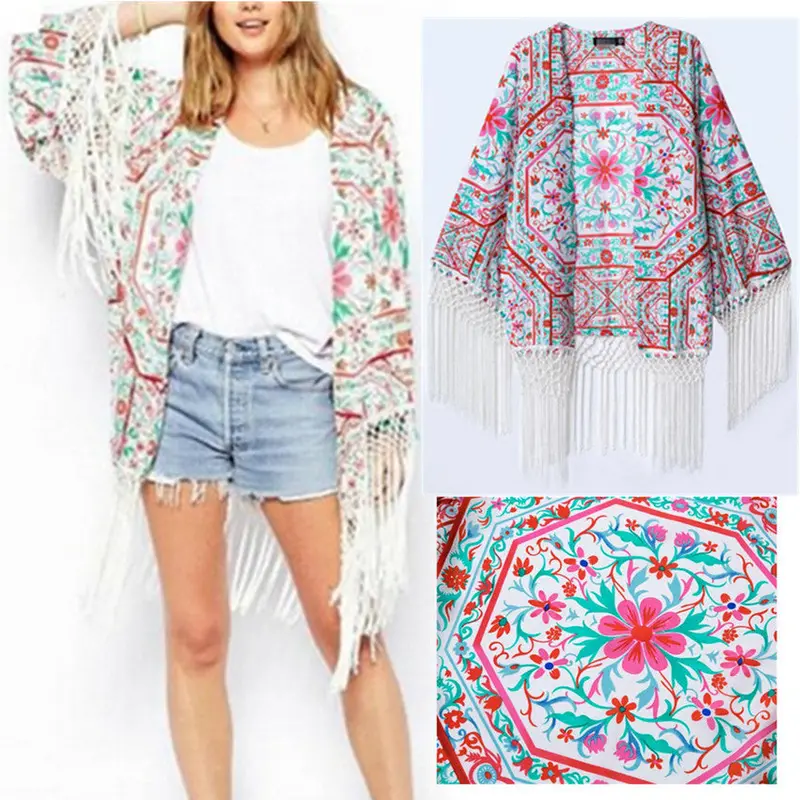 Vintage Ethnic Women Paisley Flower Print Tassels Loose Kimono Long Cardigan Shirts No Button Blouses Black Tops 2