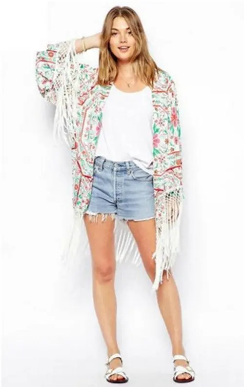 Vintage Ethnic Women Paisley Flower Print Tassels Loose Kimono Long Cardigan Shirts No Button Blouses Black Tops 3