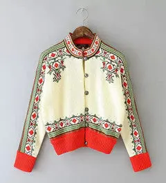Vintage Ethnic Women's Floral Print Cardigan Short Knit Sweater O-Neck Long Sleeve Coat Jacket Tops 1