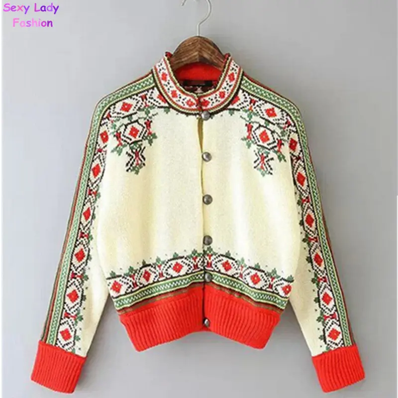 Vintage Ethnic Women's Floral Print Cardigan Short Knit Sweater O-Neck Long Sleeve Coat Jacket Tops 2