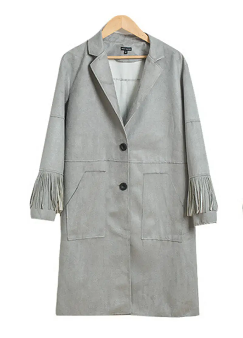 Vintage Faux Suede Small Lapel Tassel Fringed Cardigan Long Trench Casual Outwear Women's Coat Tops 1