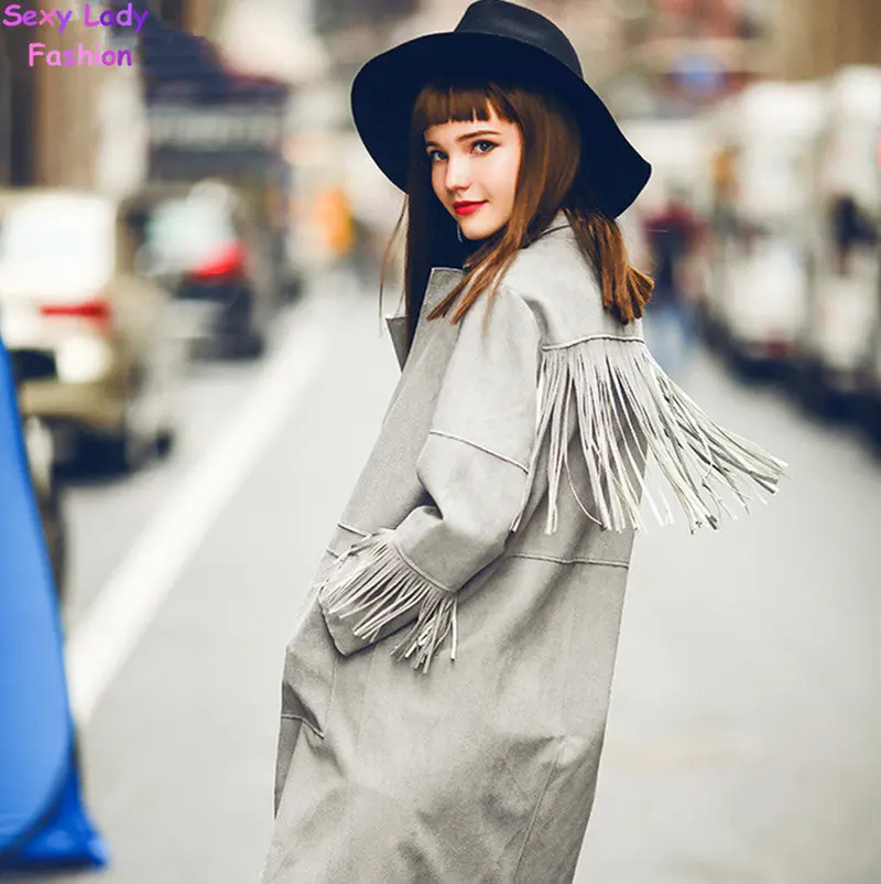 Vintage Faux Suede Small Lapel Tassel Fringed Cardigan Long Trench Casual Outwear Women's Coat Tops 2