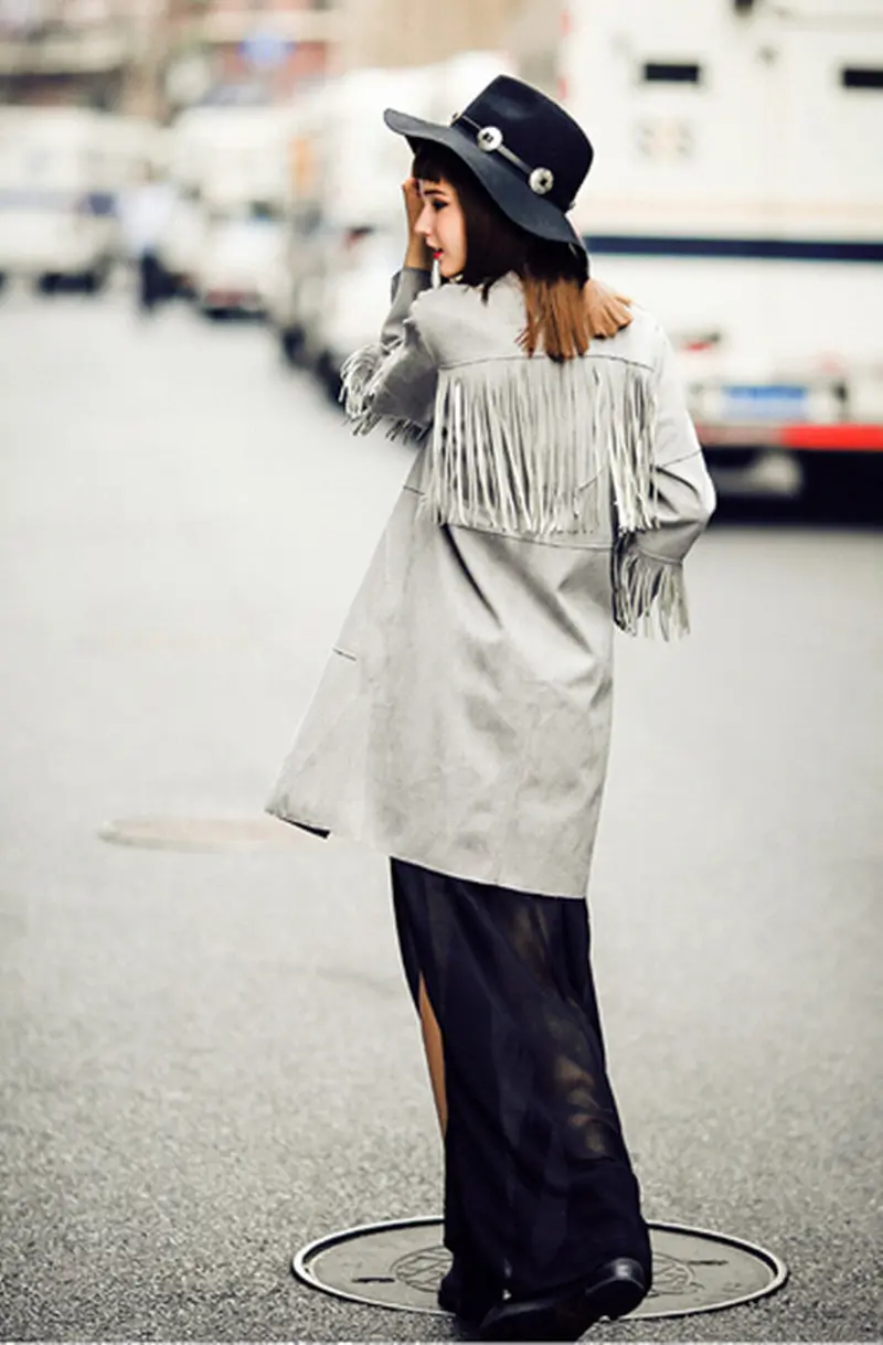 Vintage Faux Suede Small Lapel Tassel Fringed Cardigan Long Trench Casual Outwear Women's Coat Tops 3