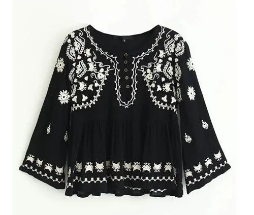 Vintage Flare Sleeve Flower Embroidery Shirt Ethnic Women Buttons O Neck Pullover Blouse Femme Loose Tops 1