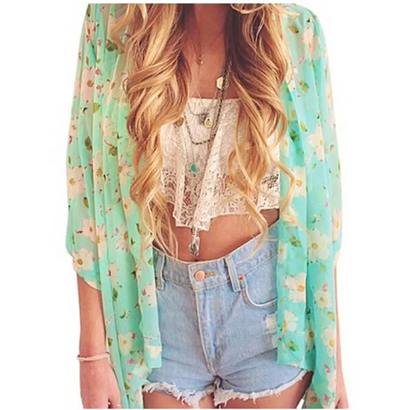 Vintage Floral Loose Shawl Kimono Boho Chiffon Cardigan Women Coat Jacket 1