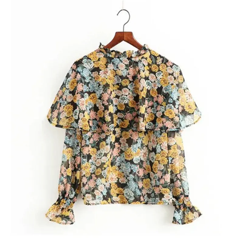 Vintage Floral Print Back Button Chiffon Ruffles Shirt Woman Ruffled Collar Pullover Long Sleeve Blouse Top Femme Yellow 1