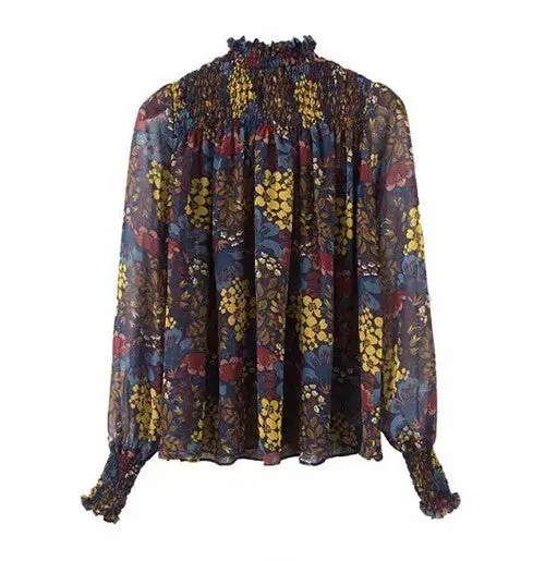 Vintage Floral Print Elastic Shoulder Stand Collar Pullover Shirt Women Elastic Sleeve Cuff Loose Blouses Tops 1
