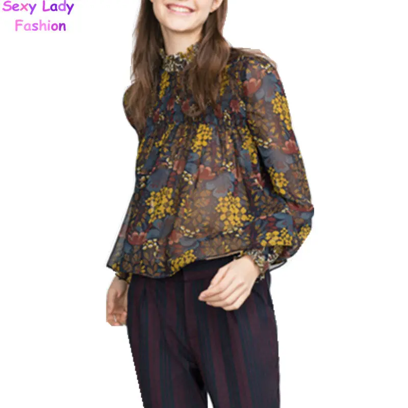 Vintage Floral Print Elastic Shoulder Stand Collar Pullover Shirt Women Elastic Sleeve Cuff Loose Blouses Tops 2