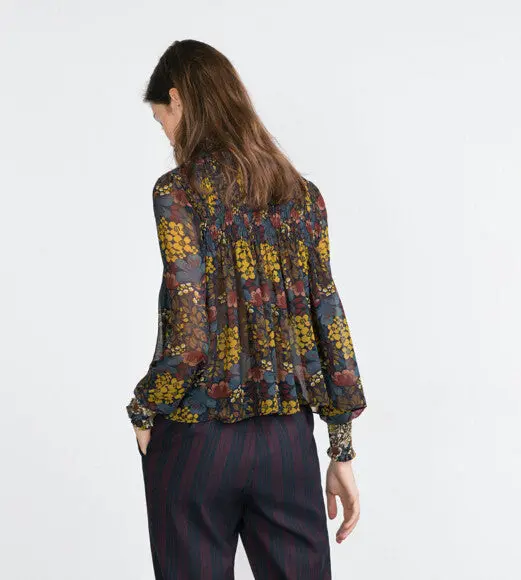 Vintage Floral Print Elastic Shoulder Stand Collar Pullover Shirt Women Elastic Sleeve Cuff Loose Blouses Tops 3