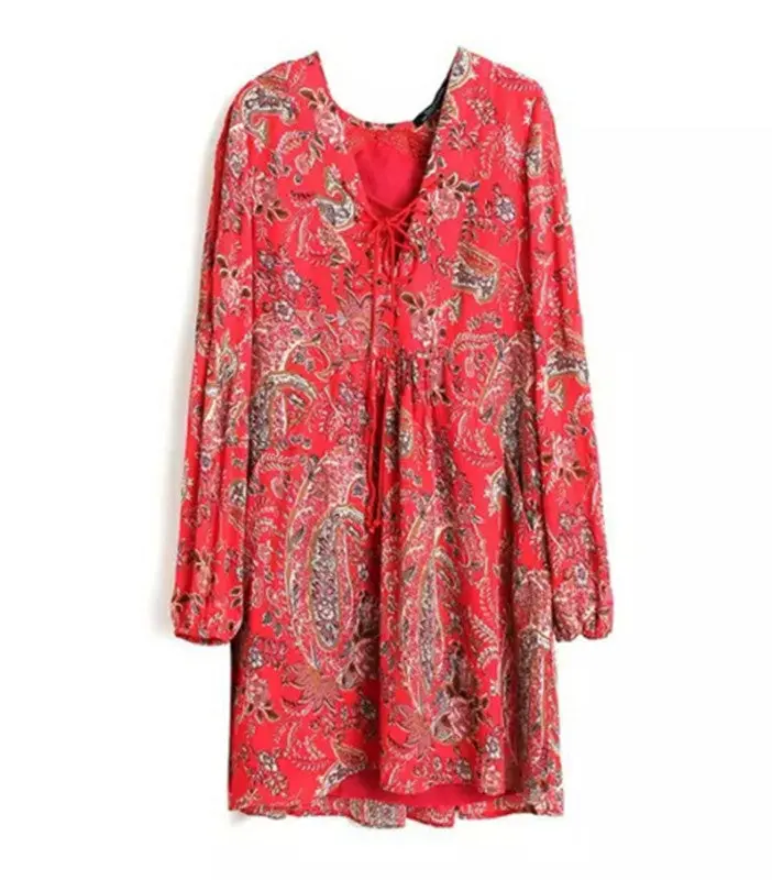 Vintage Floral Print Lacing Up V Neck Shift Dress Women Sexy Deep V Neck Long Sleeve Loose Dresses Pullovers 1