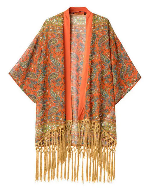 Vintage Flower Floral Print Tassel Hem Loose Kimono Bat Sleeve Cardigan Shirts Women's No Button Blouses Tops Shawl 1