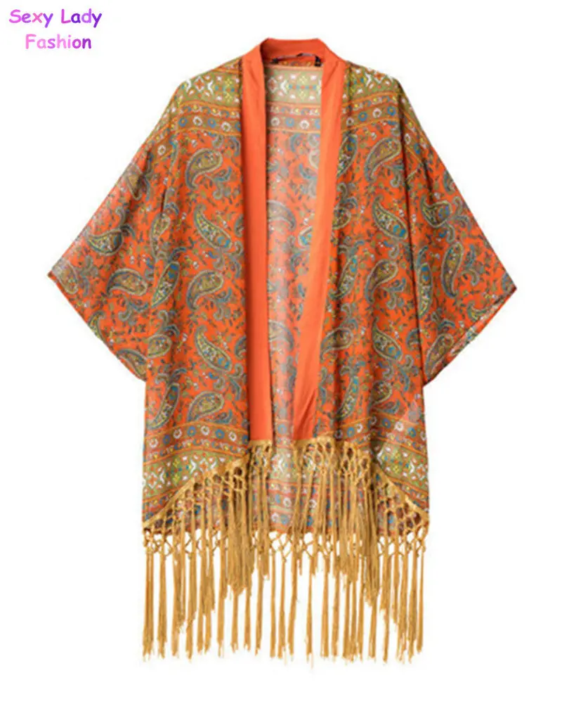 Vintage Flower Floral Print Tassel Hem Loose Kimono Bat Sleeve Cardigan Shirts Women's No Button Blouses Tops Shawl 2