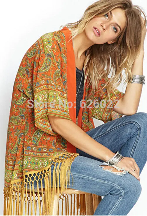 Vintage Flower Floral Print Tassel Hem Loose Kimono Bat Sleeve Cardigan Shirts Women's No Button Blouses Tops Shawl 3