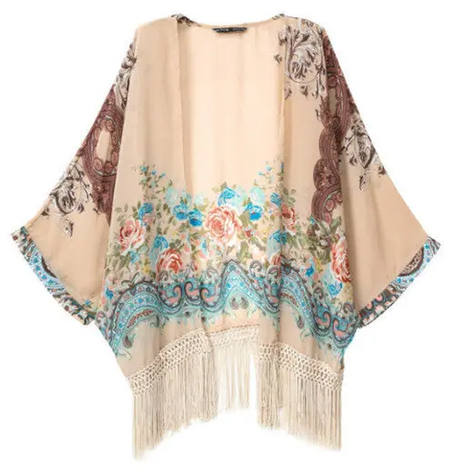 Vintage Flower Floral Print Tassels Hem Loose Kimono Bat Sleeve Cardigan Blouse Women's Mid Long Shirts Cloak Blouses Tops 1