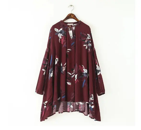 Vintage Flower Print V Neck Pullover Shirt Women Lanern Sleeve Irregular Cotton Loose Blouses Tops 1