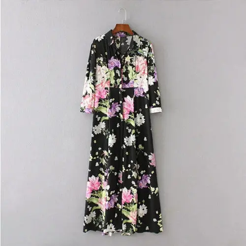 Vintage Half Sleeve Colored Floral Print Dress Woman High Waist Buttons Cotton Dresses Black 1
