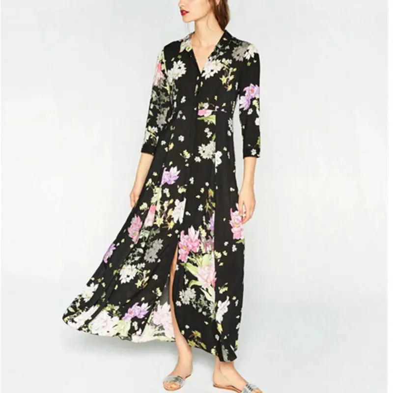 Vintage Half Sleeve Colored Floral Print Dress Woman High Waist Buttons Cotton Dresses Black 2